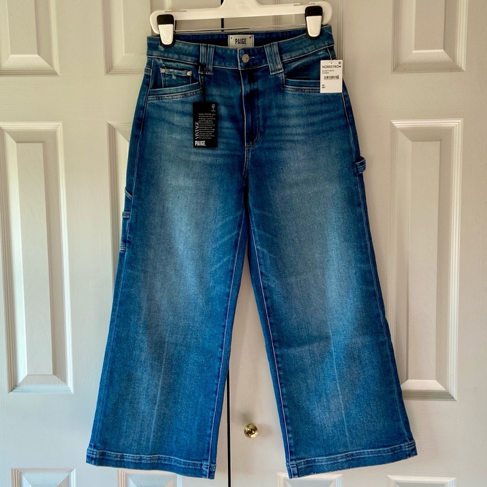 PAIGE Anessa High Waist Wide Leg Carpenter Jeans, Olivin Distressed, Sz 29, NWT - Picture 2 of 15